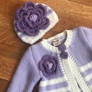 NWOT- Lavender & White Huggalugs Cardigan and Hat